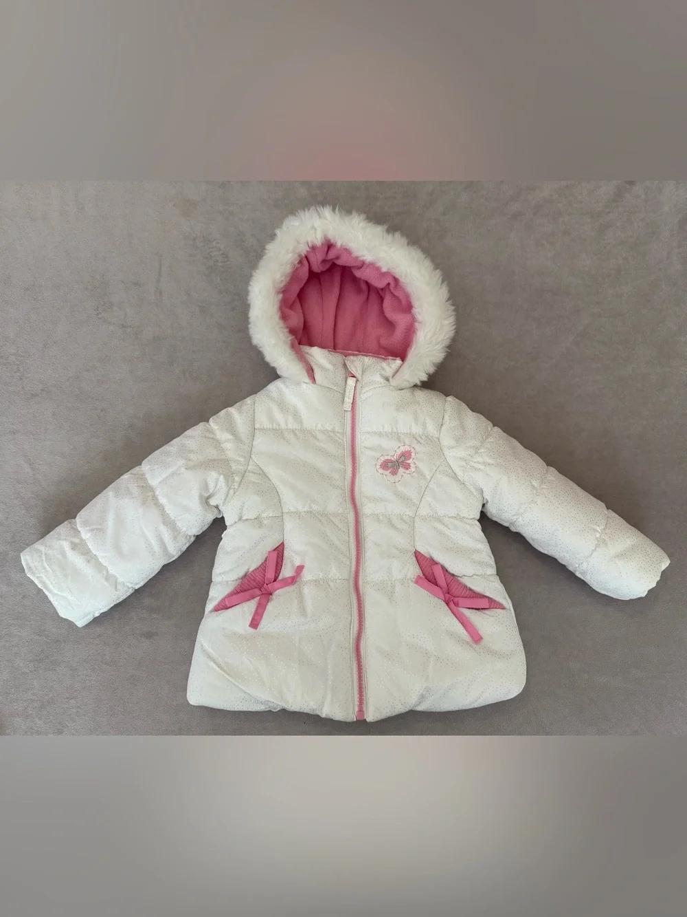 Baby Girls Puffer Coat Sparkly 18M White Pink Faux Fur Hood Butterfly NWOT
